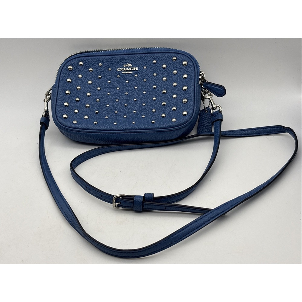 COACH CROSSBODY CLUTCH PEBBLED LEATHER LAPIS BLUE OMBRE RIVETS DOUBLE ZIP
